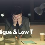 Man with his head in his hands and the test "Fatigue and Low T."